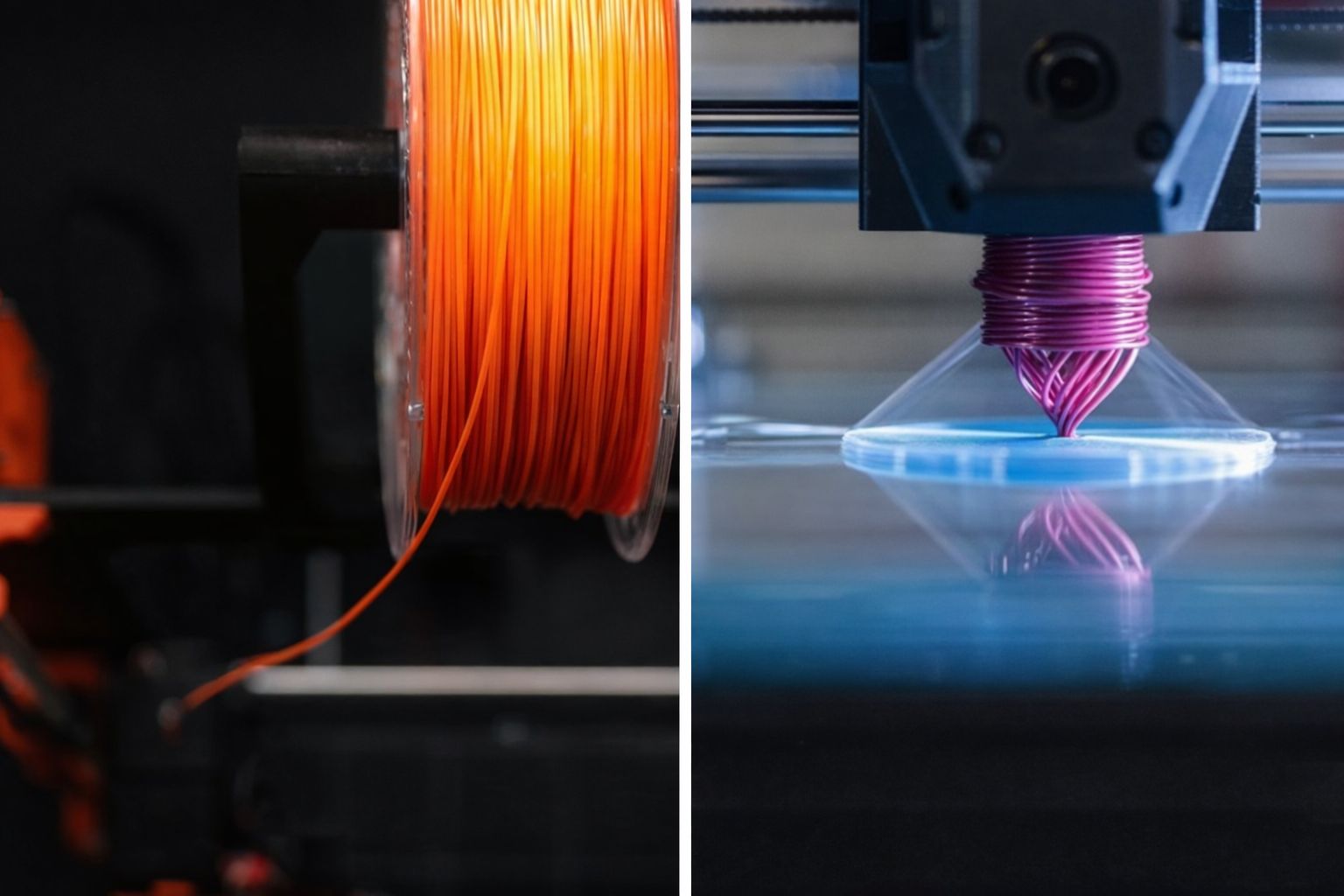 Bobine de filament orange et impression 3D en cours avec du filament magenta